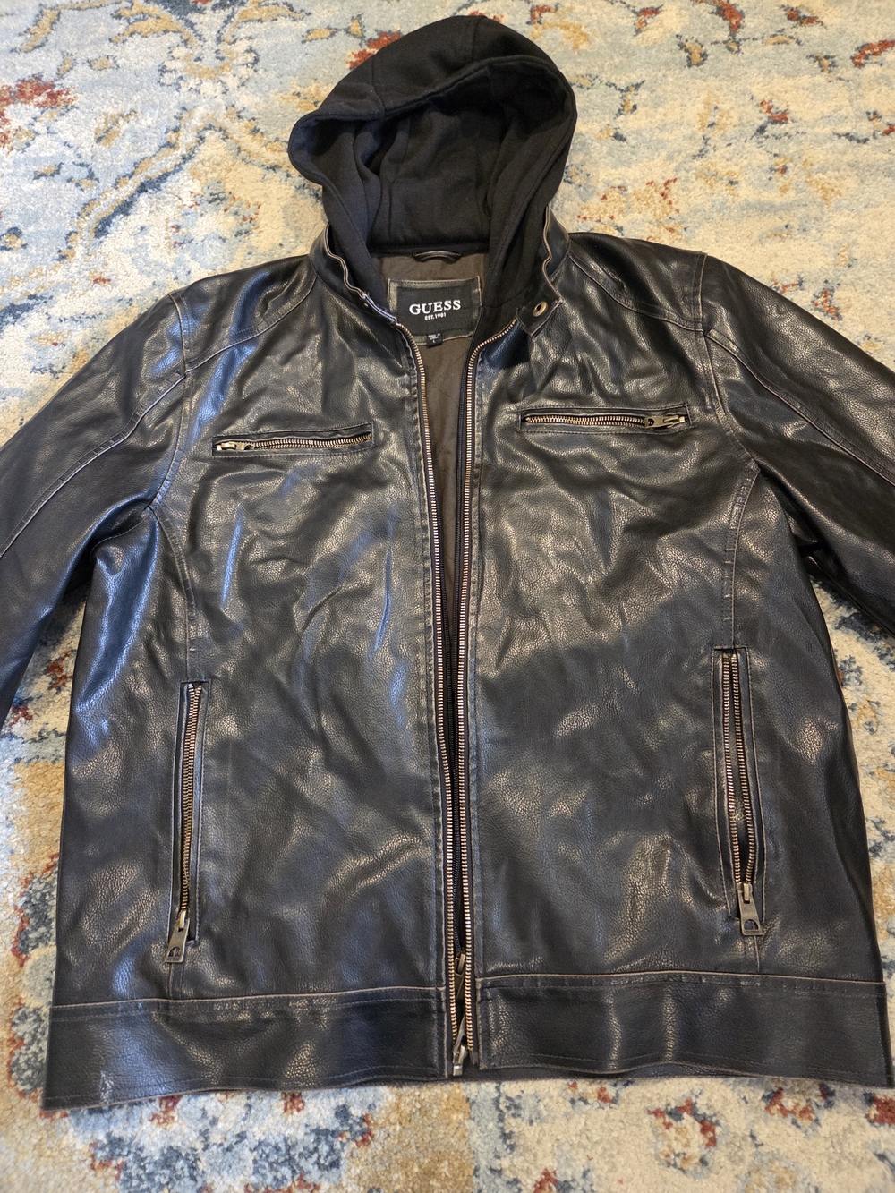 GUESS Black Leather Bomber Jacket with Hooded Liner